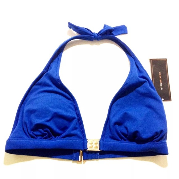 BCBG MAXAZRIA BIKINI TOP BLUE GOLD HALTER PADDED - Picture 1 of 2